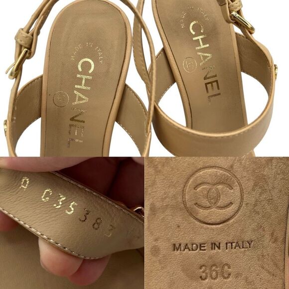 Chanel Beige Leather Open Toe Chain Heeled Slingback Sandals - Picture 8 of 9